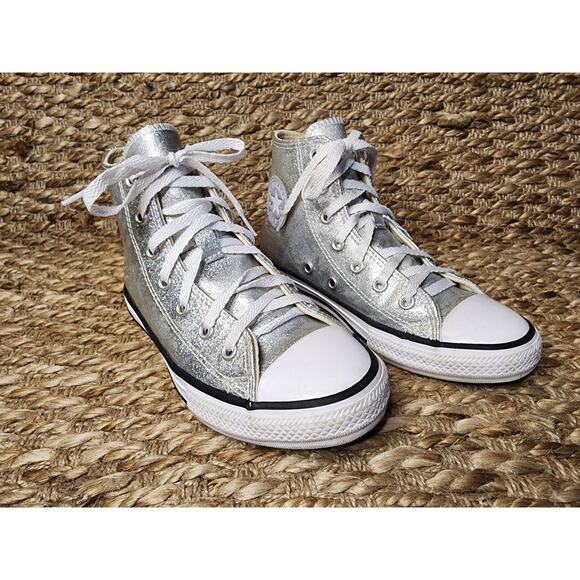 CONVERSE COATED SILVER GLITTER CHUCK TAYLOR ALL STAR KIDS Size 2 Hi Top - Picture 4 of 11